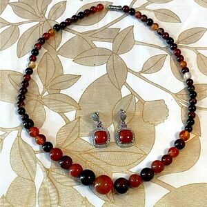 KARIS carnelian Sterling Silver Earring And Carnelian Beaded Necklace